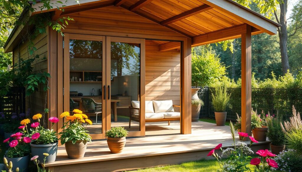 Holz-Gartenhaus mit Schiebetüren Holz-Gartenhaus mit Schiebetüren