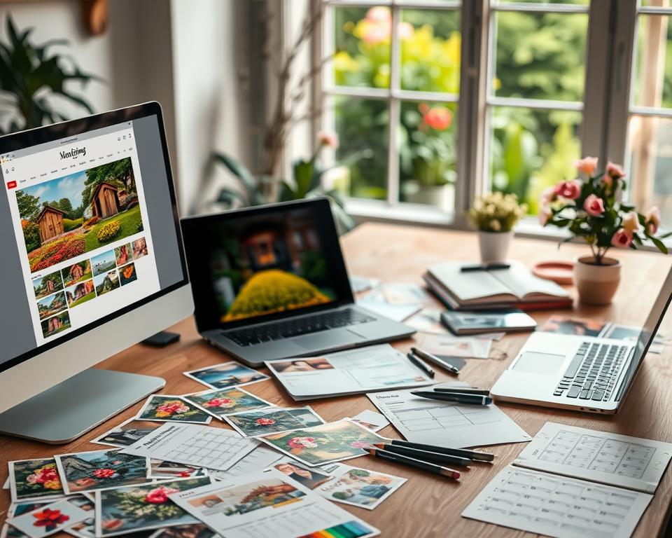 A beautifully arranged workspace featuring various design tools for creating personalized photo calendars. In the foreground, a sleek computer with design software open, showcasing a digital calendar template with colorful images of garden huts. Scattered around are various materials: vibrant printed images of nature and garden scenes, decorative stickers, and elegant pens. The middle ground includes a cozy wooden table adorned with a laptop, sketchbook, and sample calendars, with soft lighting illuminating the scene to create a warm atmosphere. In the background, a softly blurred view of a lush garden outside a window, hinting at the inspiration behind the calendar designs. The overall mood is creative and inviting, tucked away in a peaceful home office environment, perfect for floral and nature enthusiasts.