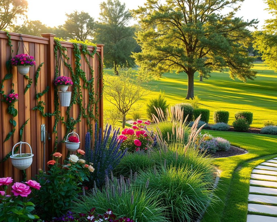 A beautifully landscaped garden featuring a combination of stylish privacy fences and vibrant plants. In the foreground, the focus is on a sleek wooden privacy fence adorned with climbing vines and colorful hanging flowers. The middle ground showcases an array of carefully arranged flower beds with a variety of blooming plants such as roses, lavenders, and ornamental grasses, creating a harmonious blend with the fence. In the background, there's a lush green lawn and deciduous trees catching the warm afternoon sunlight, casting gentle shadows. The scene is illuminated with soft golden hour lighting that enhances the colors and textures. The mood is tranquil and inviting, perfect for a serene outdoor space.