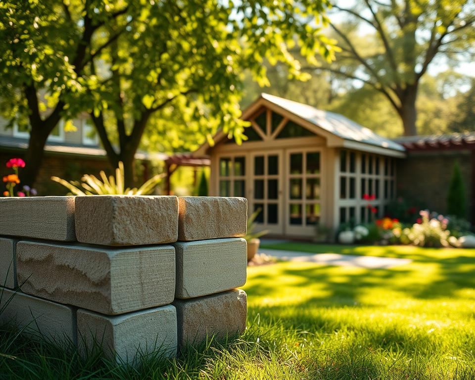 A detailed, artistic depiction of a garden house positioned in a serene outdoor setting, showcasing different wall thicknesses. In the foreground, a close-up view of two sections of the garden house walls, demonstrating varied thicknesses with smooth textures, joints, and finishes. The middle ground features the entire structure, surrounded by a lush garden with colorful flowers and greenery, reflecting a professional atmosphere. In the background, soft sunlight filters through the leaves of nearby trees, casting dappled shadows on the ground. The angle emphasizes the importance of architectural integrity, with a slight tilt to highlight the depth of the wall sections. The mood is informative yet inviting, suitable for a legal and architectural discussion, without any people present. A detailed, artistic depiction of a garden house positioned in a serene outdoor setting, showcasing different wall thicknesses. In the foreground, a close-up view of two sections of the garden house walls, demonstrating varied thicknesses with smooth textures, joints, and finishes. The middle ground features the entire structure, surrounded by a lush garden with colorful flowers and greenery, reflecting a professional atmosphere. In the background, soft sunlight filters through the leaves of nearby trees, casting dappled shadows on the ground. The angle emphasizes the importance of architectural integrity, with a slight tilt to highlight the depth of the wall sections. The mood is informative yet inviting, suitable for a legal and architectural discussion, without any people present.