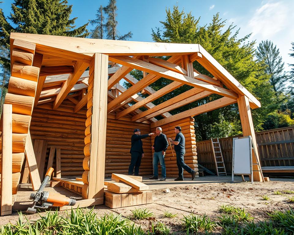 A detailed backyard scene showcasing a "Blockbohlenbau Garage" under construction. In the foreground, a partially assembled wooden structure made from interlocking logs, displaying its robust, layered design, is shown. Tools such as a saw and hammer are artistically placed to the side. In the middle ground, workers in professional, casual attire are collaborating, measuring and discussing plans, with focused expressions. The background features trees and a clear blue sky, highlighting a serene environment. Soft, natural light enhances the textures of the wood and foliage, creating a warm and inviting atmosphere. The viewpoint resembles a slight low angle, emphasizing the height of the structure and the teamwork involved in the construction process, while avoiding any distractions like text or logos. A detailed backyard scene showcasing a "Blockbohlenbau Garage" under construction. In the foreground, a partially assembled wooden structure made from interlocking logs, displaying its robust, layered design, is shown. Tools such as a saw and hammer are artistically placed to the side. In the middle ground, workers in professional, casual attire are collaborating, measuring and discussing plans, with focused expressions. The background features trees and a clear blue sky, highlighting a serene environment. Soft, natural light enhances the textures of the wood and foliage, creating a warm and inviting atmosphere. The viewpoint resembles a slight low angle, emphasizing the height of the structure and the teamwork involved in the construction process, while avoiding any distractions like text or logos.