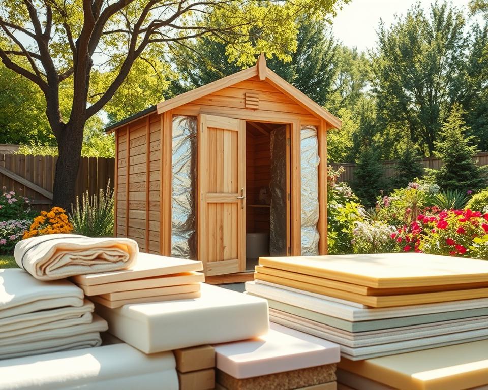 A detailed depiction of a serene garden shed with visible insulation materials displayed around it, focusing on the wall thickness and construction details. In the foreground, showcase various insulation materials like fiberglass, foam boards, and reflective barriers, neatly arranged. The middle ground features the garden shed, made of natural wood with partially exposed insulated walls, highlighting the layering of materials. In the background, a lush garden filled with vibrant greenery and colorful flowers adds contrast. Natural sunlight filters through the trees, creating a warm and inviting atmosphere. The angle should be slightly elevated to capture the shed and insulation details clearly, emphasizing the importance of optimal wall thickness for insulation. A detailed depiction of a serene garden shed with visible insulation materials displayed around it, focusing on the wall thickness and construction details. In the foreground, showcase various insulation materials like fiberglass, foam boards, and reflective barriers, neatly arranged. The middle ground features the garden shed, made of natural wood with partially exposed insulated walls, highlighting the layering of materials. In the background, a lush garden filled with vibrant greenery and colorful flowers adds contrast. Natural sunlight filters through the trees, creating a warm and inviting atmosphere. The angle should be slightly elevated to capture the shed and insulation details clearly, emphasizing the importance of optimal wall thickness for insulation.
