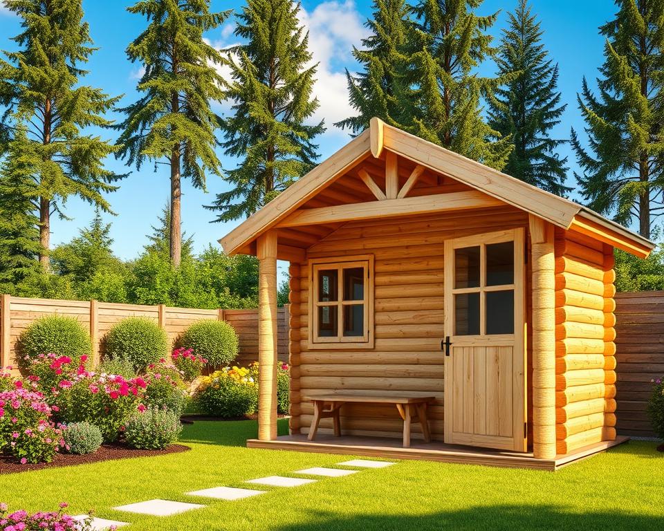 A detailed illustration of a "Gartenhaus 40mm Blockbohlenhaus," showcasing its robust wooden construction. In the foreground, present the garden house with neatly assembled 40mm thick logs, emphasizing the texture and craftsmanship of the wood. In the middle ground, include a well-maintained garden with vibrant flowers and green bushes, enhancing the sense of a serene outdoor environment. The background should feature tall trees and a clear blue sky, providing a natural contrast. Employ soft, warm lighting to create a welcoming and cozy atmosphere, with the sun casting gentle shadows. Capture the scene from a slightly elevated angle to highlight the structure's features while maintaining the overall harmony of the garden setting. A detailed illustration of a "Gartenhaus 40mm Blockbohlenhaus," showcasing its robust wooden construction. In the foreground, present the garden house with neatly assembled 40mm thick logs, emphasizing the texture and craftsmanship of the wood. In the middle ground, include a well-maintained garden with vibrant flowers and green bushes, enhancing the sense of a serene outdoor environment. The background should feature tall trees and a clear blue sky, providing a natural contrast. Employ soft, warm lighting to create a welcoming and cozy atmosphere, with the sun casting gentle shadows. Capture the scene from a slightly elevated angle to highlight the structure's features while maintaining the overall harmony of the garden setting.