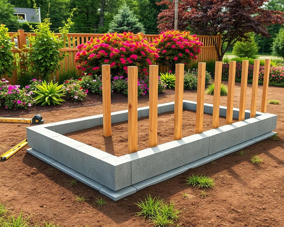 A detailed illustration of a garden fence assembly, focusing on the foundation, post spacing, and anchoring techniques. In the foreground, show a well-constructed concrete foundation with clear markings for post placement. A series of wooden posts are evenly spaced, demonstrating proper alignment and secure anchoring into the ground. In the middle, include tools like a level and measuring tape to signify precision in installation. The background features a lush garden with vibrant plants and trees, creating an inviting atmosphere. Soft natural lighting enhances the scene, evoking a sense of professionalism and attention to detail. The angle should be slightly elevated to provide a clear view of the entire assembly process without any text or distractions.