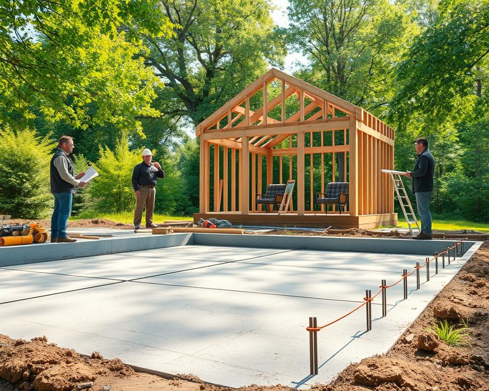 A detailed illustration of a garden house foundation being constructed in a serene outdoor setting. In the foreground, an unfinished concrete slab is clearly visible, with workers in professional attire discussing the blueprint and laying rebar. In the middle ground, a partially built wooden framework of the garden house is taking shape, with tools and equipment scattered around. The background should feature lush greenery and trees, hinting at a peaceful, sunny day with soft, dappled sunlight filtering through leaves. Use a wide-angle lens to capture the entire scene, emphasizing the scale of the project. The mood should be focused and industrious, showcasing teamwork and preparation for a crucial phase in building a garden house. A detailed illustration of a garden house foundation being constructed in a serene outdoor setting. In the foreground, an unfinished concrete slab is clearly visible, with workers in professional attire discussing the blueprint and laying rebar. In the middle ground, a partially built wooden framework of the garden house is taking shape, with tools and equipment scattered around. The background should feature lush greenery and trees, hinting at a peaceful, sunny day with soft, dappled sunlight filtering through leaves. Use a wide-angle lens to capture the entire scene, emphasizing the scale of the project. The mood should be focused and industrious, showcasing teamwork and preparation for a crucial phase in building a garden house.
