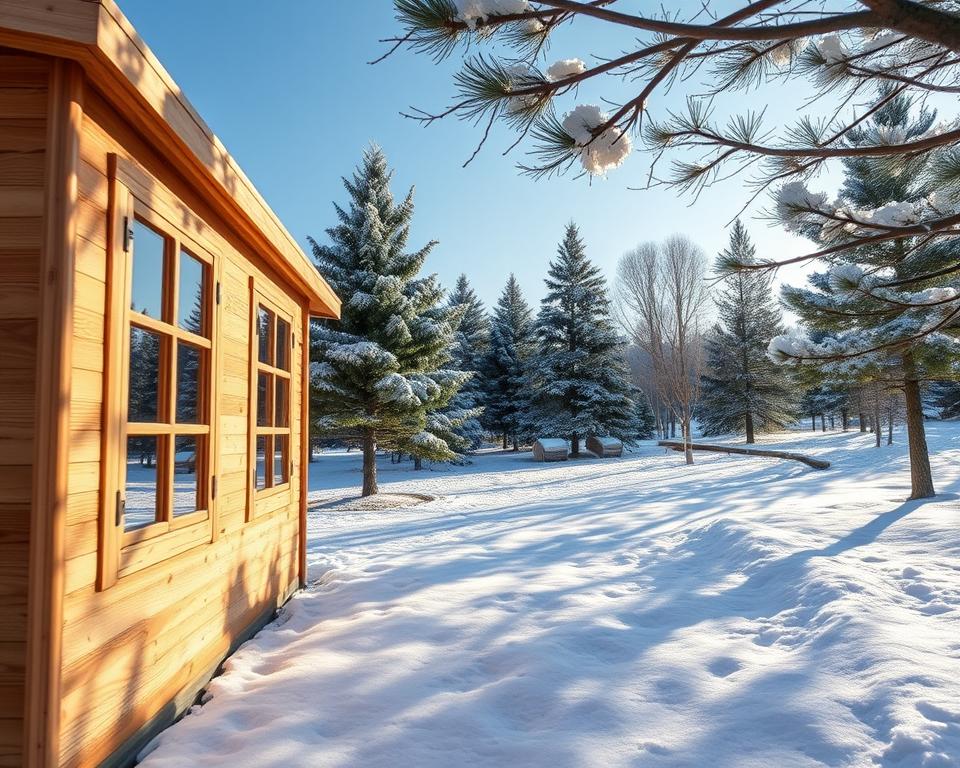 A detailed image of a winter-proof garden house with a wall thickness of 70mm, showcasing its robust structure and insulation features. In the foreground, display the garden house with intricate wooden textures and energy-efficient windows, highlighting the strength provided by the thick walls. The middle ground features a cozy winter setting with pine trees lightly dusted with snow, creating a serene atmosphere. In the background, a clear blue sky contrasts against the frost-kissed landscape, while soft sunlight filters through the branches, casting gentle shadows on the ground. Capture the scene from a slightly elevated angle to emphasize the garden house's solidity. Aim for a warm, inviting mood that illustrates stability and comfort. Focus on excellent lighting to enhance the details of the wood and the chill of the winter scene. A detailed image of a winter-proof garden house with a wall thickness of 70mm, showcasing its robust structure and insulation features. In the foreground, display the garden house with intricate wooden textures and energy-efficient windows, highlighting the strength provided by the thick walls. The middle ground features a cozy winter setting with pine trees lightly dusted with snow, creating a serene atmosphere. In the background, a clear blue sky contrasts against the frost-kissed landscape, while soft sunlight filters through the branches, casting gentle shadows on the ground. Capture the scene from a slightly elevated angle to emphasize the garden house's solidity. Aim for a warm, inviting mood that illustrates stability and comfort. Focus on excellent lighting to enhance the details of the wood and the chill of the winter scene.