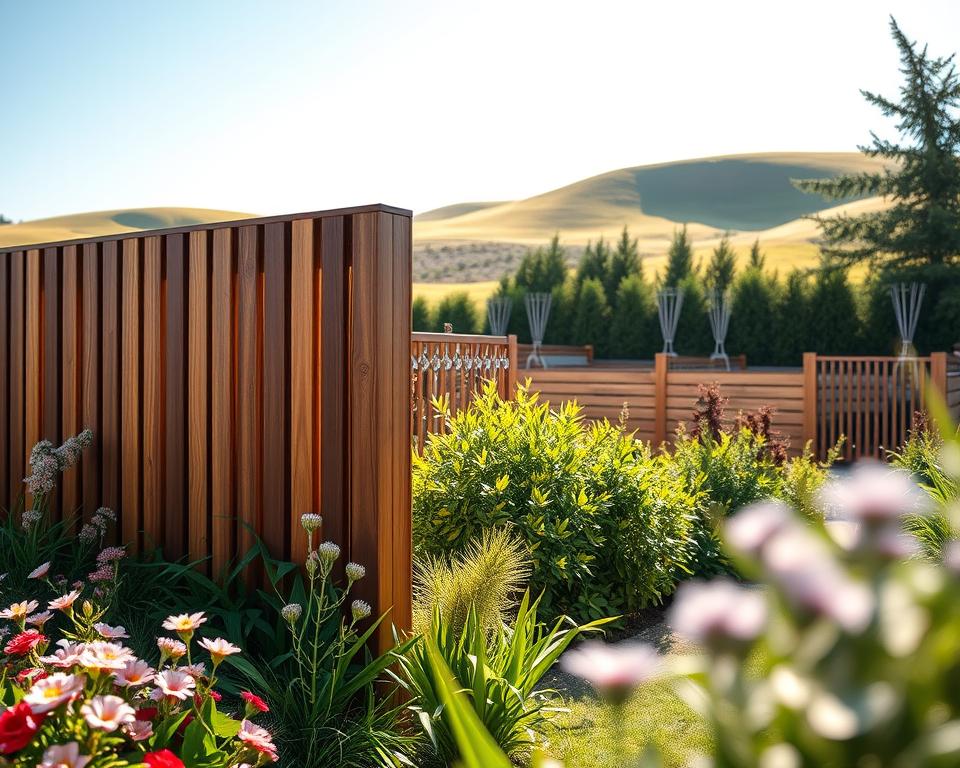 A modern garden oasis showcasing popular privacy fences for 2025. In the foreground, a sleek, contemporary wooden privacy fence stands tall, surrounded by vibrant greenery and blooming flowers. In the middle ground, various stylish fencing options are artistically arranged, including decorative metal and eco-friendly bamboo. The background features a serene garden landscape with soft rolling hills under a bright blue sky, illuminated by warm sunlight casting soft shadows. The scene embodies a tranquil and inviting atmosphere, suggesting innovation and sophisticated design. The angle captures a slight low perspective, emphasizing the height and elegance of the fences while inviting viewers to imagine their own garden escape.