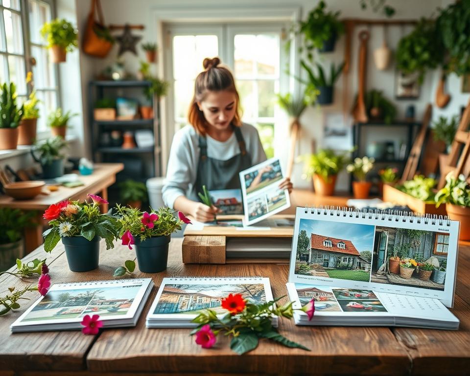 A serene and beautifully arranged workspace showcasing the sustainable production of photography calendars featuring scenes from a garden shed. In the foreground, an eco-friendly wooden table holds vibrant printed calendar prototypes surrounded by fresh flowers and green plants. The middle ground displays a creative and engaged artist, dressed in modest casual clothing, carefully selecting images and arranging them with natural materials like recycled paper and organic inks. The background reveals a sunlit room adorned with gardening tools and potted plants, exuding a warm, inviting atmosphere. Soft, natural lighting enhances the eco-friendly theme, creating a harmonious and tranquil environment that embodies sustainability and environmental consciousness in the context of photo calendar production.