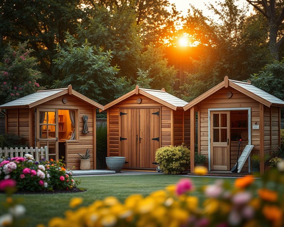 A serene garden scene featuring a variety of garden sheds (Gartenhaus) in different styles and usage scenarios, positioned in the foreground, showcasing their varied wall thicknesses. Each shed should illustrate a distinct purpose: a cozy home office with warm lighting, a rustic storage shed surrounded by gardening tools, and a delightful playhouse for children, all set against a vibrant backdrop of flourishing flowers and greenery. The lighting should be soft, mimicking the golden hour just before sunset, casting gentle shadows that enhance the textures of the wooden structures. Use a shallow depth of field to draw focus on the sheds while subtly blurring the background, creating a peaceful and inviting atmosphere that emphasizes the beauty and utility of garden houses in a residential setting. A serene garden scene featuring a variety of garden sheds (Gartenhaus) in different styles and usage scenarios, positioned in the foreground, showcasing their varied wall thicknesses. Each shed should illustrate a distinct purpose: a cozy home office with warm lighting, a rustic storage shed surrounded by gardening tools, and a delightful playhouse for children, all set against a vibrant backdrop of flourishing flowers and greenery. The lighting should be soft, mimicking the golden hour just before sunset, casting gentle shadows that enhance the textures of the wooden structures. Use a shallow depth of field to draw focus on the sheds while subtly blurring the background, creating a peaceful and inviting atmosphere that emphasizes the beauty and utility of garden houses in a residential setting.