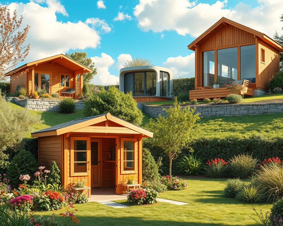 A serene garden scene featuring various types of garden houses (Gartenhäuser), each representing different climate zones in Germany. In the foreground, showcase a cozy wooden garden house with thick walls, ideal for colder climates, surrounded by lush greenery and colorful flowers. In the middle ground, include a modern, minimalist garden house reflecting milder weather, complemented by vibrant plants and a small wooden deck. The background should display a bright blue sky with soft, fluffy clouds, suggesting pleasant weather. Use warm, natural lighting to evoke a welcoming atmosphere, with a slightly elevated angle to capture the depth of the scene. The overall mood should be tranquil and inviting, highlighting the harmony between architecture and nature, focusing on climate-responsive design choices. A serene garden scene featuring various types of garden houses (Gartenhäuser), each representing different climate zones in Germany. In the foreground, showcase a cozy wooden garden house with thick walls, ideal for colder climates, surrounded by lush greenery and colorful flowers. In the middle ground, include a modern, minimalist garden house reflecting milder weather, complemented by vibrant plants and a small wooden deck. The background should display a bright blue sky with soft, fluffy clouds, suggesting pleasant weather. Use warm, natural lighting to evoke a welcoming atmosphere, with a slightly elevated angle to capture the depth of the scene. The overall mood should be tranquil and inviting, highlighting the harmony between architecture and nature, focusing on climate-responsive design choices.