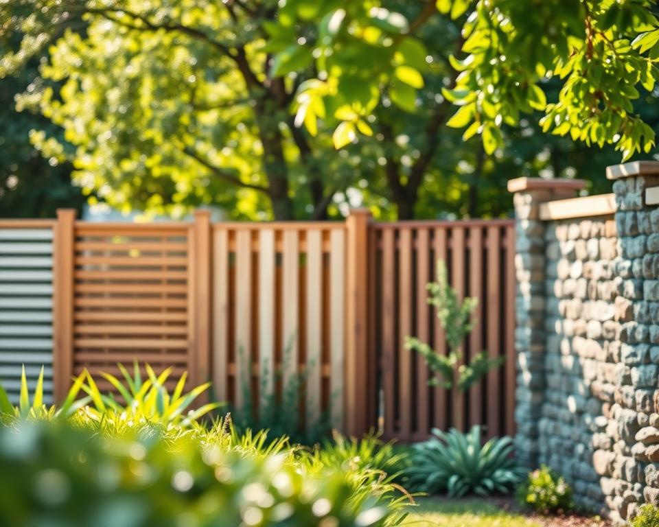 A serene garden scene showcasing various design styles for privacy fences: in the foreground, a modern fence with sleek lines and geometric shapes; transitioning to a traditional Landhaus fence made of natural wood with ornate details; next, a Scandinavian-style fence featuring minimalist design and soft colors; finally, a Mediterranean fence with rustic charm, featuring stone and vibrant tile accents. The background should present a lush greenery, dappled sunlight filtering through leaves, creating a warm, inviting atmosphere. Use a soft bokeh effect to enhance the foreground elements, capturing this tranquil outdoor space from a slightly elevated angle, emphasizing depth and harmony. The overall mood is peaceful and stylish, perfect for illustrating diverse garden aesthetics.
