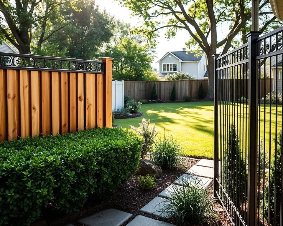 A serene residential garden scene showcasing a variety of decorative privacy fences that adhere to legal spacing regulations. In the foreground, a handsome wooden fence with vertical slats offers a warm and inviting feel, contrasting with a sleek metal fence to its side. The middle ground features green hedges and flowers to enhance the garden's aesthetic, while a neighbor's well-manicured lawn is visible in the background, illustrating the concept of boundary laws in a neighborhood setting. Soft, natural sunlight filters through the trees, creating a calm and harmonious atmosphere. The perspective is from a slightly elevated angle, inviting the viewer to appreciate both the beauty of the fences and the importance of legal considerations for garden design.