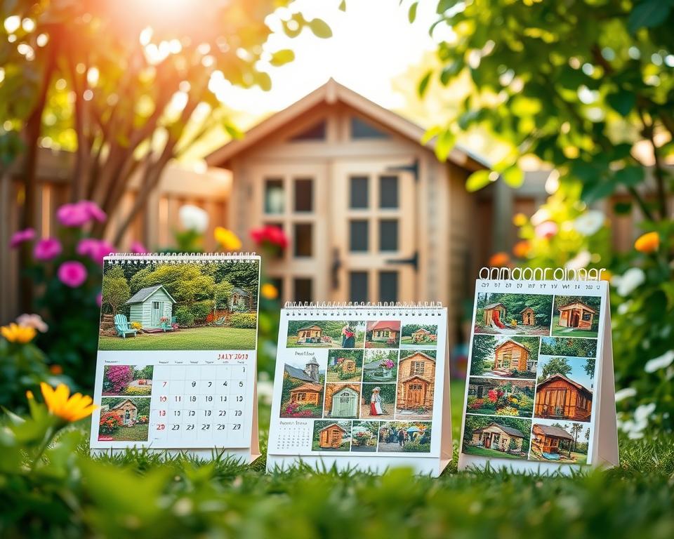A visually engaging comparison of calendar formats showcasing various sizes and orientations, designed for a photocalendar centered around garden shed motifs. In the foreground, display three distinct calendar formats: a classic wall calendar, a desk calendar, and a compact planner, each adorned with vibrant images of garden scenes, flowers, and sheds. The middle ground features a cozy garden setting with lush greenery and colorful flowers, while a serene wooden garden shed is nestled in the background. Soft, natural lighting filters through the leaves, creating a relaxed and inviting atmosphere. Use a shallow depth of field to highlight the calendar formats while subtly blurring the background, enhancing the focus on the calendars’ designs. The overall tone should be warm and cheerful, evoking a sense of outdoor tranquility and creativity.