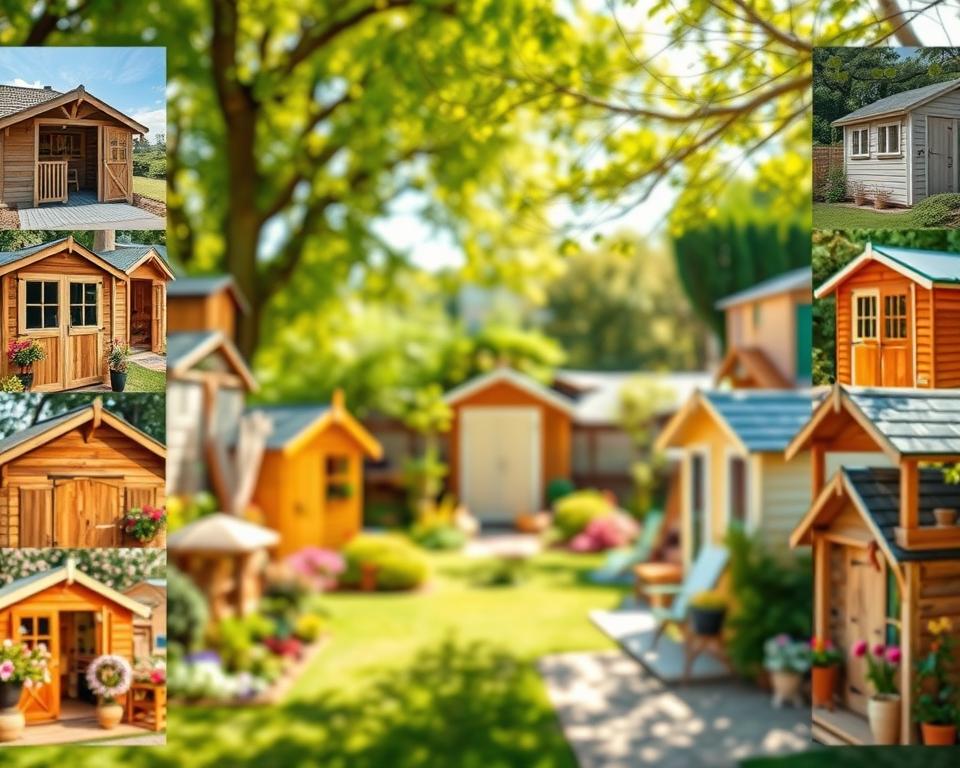 A visually striking collage of high-quality garden shed photographs ideal for a photo calendar. In the foreground, a large, beautifully arranged selection of vibrant, clear images showcasing various garden sheds in different styles and settings, such as rustic wooden, modern minimalist, and colorful cottage designs, all captured in dazzling daylight. In the middle, a blurred depth of field allows hints of lush greenery, blooming flowers, and garden furniture to peek through, inviting warmth and tranquility. The background features soft, natural lighting that filters through tree branches, enhancing the serene atmosphere. The mood is engaging, showcasing the splendor of garden aesthetics and the art of selecting breathtaking photos for a calendar. The composition emphasizes clarity, detail, and artistic inspiration while avoiding any text or graphic overlays.