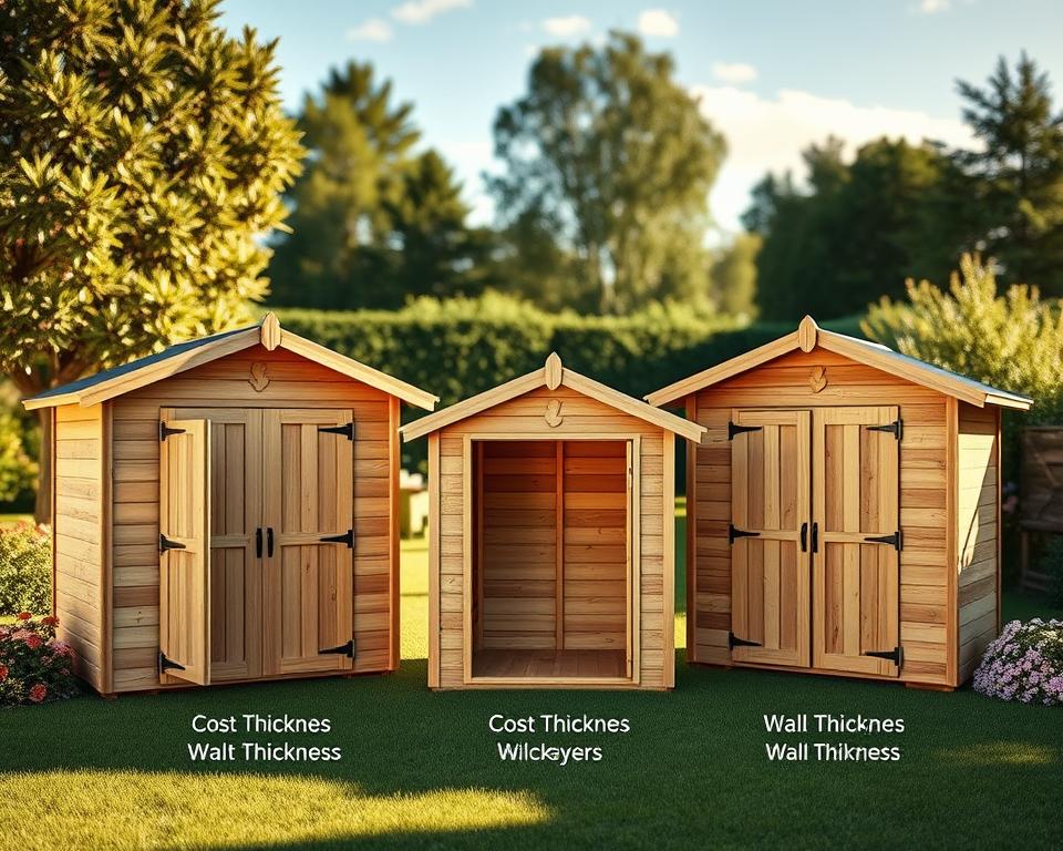 A visually striking image of a garden shed (Gartenhaus) comparison, showcasing various wall thicknesses prominently. In the foreground, display three distinct garden shed models with visible cross-sections highlighting their wall layers, using contrasting colors to emphasize thickness variations. The middle ground features a well-maintained garden setting with flowers and greenery, creating a serene atmosphere. In the background, a soft-focus of trees and a blue sky enhances the depth, providing a tranquil outdoor context. The lighting is warm, suggesting late afternoon, casting gentle shadows that add dimension. The composition is balanced and inviting, encouraging viewers to reflect on cost factors related to wall thickness. A visually striking image of a garden shed (Gartenhaus) comparison, showcasing various wall thicknesses prominently. In the foreground, display three distinct garden shed models with visible cross-sections highlighting their wall layers, using contrasting colors to emphasize thickness variations. The middle ground features a well-maintained garden setting with flowers and greenery, creating a serene atmosphere. In the background, a soft-focus of trees and a blue sky enhances the depth, providing a tranquil outdoor context. The lighting is warm, suggesting late afternoon, casting gentle shadows that add dimension. The composition is balanced and inviting, encouraging viewers to reflect on cost factors related to wall thickness.
