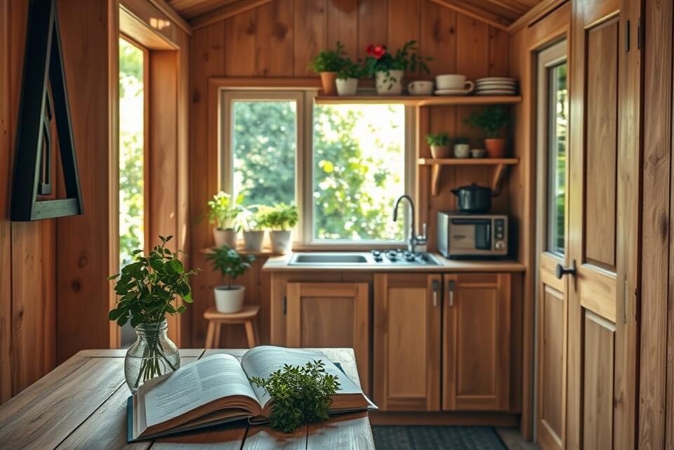 Kleine Küche in Holz-Gartenhütte einrichten