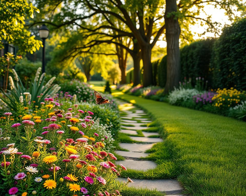 A lush, vibrant garden featuring various Rasen-Alternativen instead of traditional grass, such as clover, thyme, and ornamental ground covers. In the foreground, clusters of flowering plants create a colorful tapestry, with bees and butterflies hovering above. The middle ground showcases a well-maintained pathway made of natural stone, lined with soft, green ground covers that require minimal mowing. In the background, tall, leafy trees provide dappled sunlight filtering through their branches, creating an inviting and serene atmosphere. The lighting is warm and inviting, emulating the golden hour, with a slight bokeh effect on the edges to draw attention to the garden's beauty. The overall mood is peaceful and harmonious, epitomizing a low-maintenance garden oasis. A lush, vibrant garden featuring various Rasen-Alternativen instead of traditional grass, such as clover, thyme, and ornamental ground covers. In the foreground, clusters of flowering plants create a colorful tapestry, with bees and butterflies hovering above. The middle ground showcases a well-maintained pathway made of natural stone, lined with soft, green ground covers that require minimal mowing. In the background, tall, leafy trees provide dappled sunlight filtering through their branches, creating an inviting and serene atmosphere. The lighting is warm and inviting, emulating the golden hour, with a slight bokeh effect on the edges to draw attention to the garden's beauty. The overall mood is peaceful and harmonious, epitomizing a low-maintenance garden oasis.