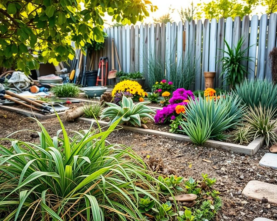 A serene and beautifully designed low-maintenance garden, showcasing common mistakes that detract from its simplicity. In the foreground, there's a bedraggled patch of overgrown weeds intertwined with neglected plants, contrasting with well-arranged beds of vibrant, drought-resistant flowers like succulents and ornamental grasses in the middle. The background features cluttered garden tools carelessly strewn about and a faded fence that needs maintenance, highlighting pitfalls in garden upkeep. Soft, natural lighting bathes the scene, with warm sunlight filtering through green leaves, evoking an inviting yet educational mood. The angle captures a wide view of the garden’s layout, illustrating the juxtaposition between the mistakes and ideal features of a carefree garden. No text or human figures present, emphasizing the garden itself. A serene and beautifully designed low-maintenance garden, showcasing common mistakes that detract from its simplicity. In the foreground, there's a bedraggled patch of overgrown weeds intertwined with neglected plants, contrasting with well-arranged beds of vibrant, drought-resistant flowers like succulents and ornamental grasses in the middle. The background features cluttered garden tools carelessly strewn about and a faded fence that needs maintenance, highlighting pitfalls in garden upkeep. Soft, natural lighting bathes the scene, with warm sunlight filtering through green leaves, evoking an inviting yet educational mood. The angle captures a wide view of the garden’s layout, illustrating the juxtaposition between the mistakes and ideal features of a carefree garden. No text or human figures present, emphasizing the garden itself.