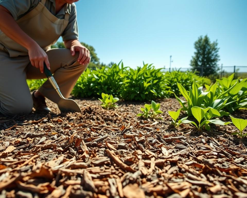 A serene garden scene focused on organic mulching techniques to combat weeds. In the foreground, a rich layer of natural mulch made from bark and leaves covers the soil around vibrant flower beds. A gardener, dressed in a modest, casual outfit, kneels nearby, skillfully spreading mulch with a hand trowel. In the middle ground, lush green plants thrive amidst well-maintained, weed-free sections, showcasing the effective use of mulching. In the background, a clear blue sky filters sunlight, casting soft shadows over the garden. The atmosphere is tranquil and inviting, emphasizing the beauty and effectiveness of smart gardening strategies, with an overall warm and natural color palette that evokes a sense of calm and care for the environment. A serene garden scene focused on organic mulching techniques to combat weeds. In the foreground, a rich layer of natural mulch made from bark and leaves covers the soil around vibrant flower beds. A gardener, dressed in a modest, casual outfit, kneels nearby, skillfully spreading mulch with a hand trowel. In the middle ground, lush green plants thrive amidst well-maintained, weed-free sections, showcasing the effective use of mulching. In the background, a clear blue sky filters sunlight, casting soft shadows over the garden. The atmosphere is tranquil and inviting, emphasizing the beauty and effectiveness of smart gardening strategies, with an overall warm and natural color palette that evokes a sense of calm and care for the environment.