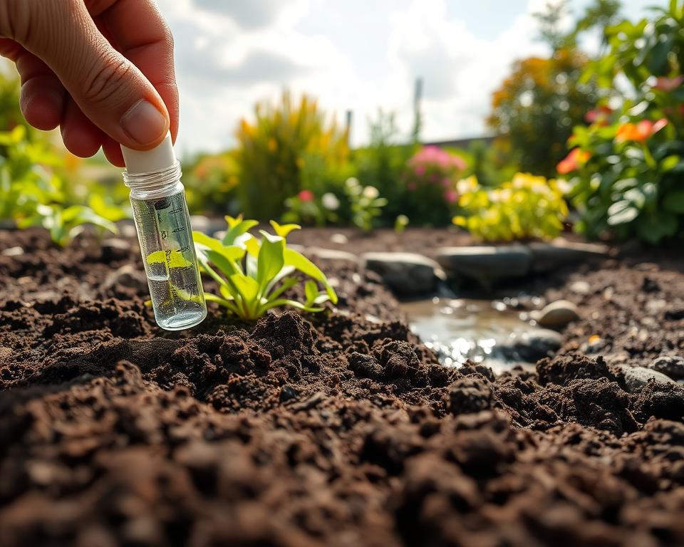 A serene garden scene showcasing a detailed soil analysis setup. In the foreground, a close-up of rich, dark soil being examined with a hand-held soil testing kit, revealing different layers and textures. In the middle, a small section of the garden featuring lush green plants, young flowers, and a gentle stream of water, emphasizing the importance of moisture in gardening. The background should include a sunny sky with soft, fluffy clouds, and vibrant foliage from trees and shrubs, indicating a well-lit environment. The overall mood is calm and informative, inviting viewers to explore the essence of soil quality and garden care. Use natural lighting to enhance the colors and textures, with a shallow depth of field to keep the focus on the soil analysis tools. A serene garden scene showcasing a detailed soil analysis setup. In the foreground, a close-up of rich, dark soil being examined with a hand-held soil testing kit, revealing different layers and textures. In the middle, a small section of the garden featuring lush green plants, young flowers, and a gentle stream of water, emphasizing the importance of moisture in gardening. The background should include a sunny sky with soft, fluffy clouds, and vibrant foliage from trees and shrubs, indicating a well-lit environment. The overall mood is calm and informative, inviting viewers to explore the essence of soil quality and garden care. Use natural lighting to enhance the colors and textures, with a shallow depth of field to keep the focus on the soil analysis tools.