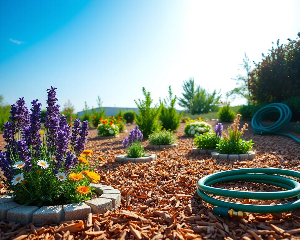A serene garden scene showcasing a low-maintenance flower bed, meticulously mulched with natural wood chips. In the foreground, colorful perennials such as lavender, daisies, and sedum bloom vibrantly, with neat edges defined by stone borders. The middle ground features evenly spaced plants, highlighting proper planting distances for optimal growth. A well-placed garden hose coiled nearby suggests easy upkeep. In the background, a bright blue sky complements soft, diffused sunlight casting gentle shadows across the landscape, creating a peaceful ambiance. The overall mood is tranquil and inviting, emphasizing simplicity in gardening. The perspective is slightly elevated, capturing the entire layout, focusing on the peaceful arrangement of plants and mulch. A serene garden scene showcasing a low-maintenance flower bed, meticulously mulched with natural wood chips. In the foreground, colorful perennials such as lavender, daisies, and sedum bloom vibrantly, with neat edges defined by stone borders. The middle ground features evenly spaced plants, highlighting proper planting distances for optimal growth. A well-placed garden hose coiled nearby suggests easy upkeep. In the background, a bright blue sky complements soft, diffused sunlight casting gentle shadows across the landscape, creating a peaceful ambiance. The overall mood is tranquil and inviting, emphasizing simplicity in gardening. The perspective is slightly elevated, capturing the entire layout, focusing on the peaceful arrangement of plants and mulch.