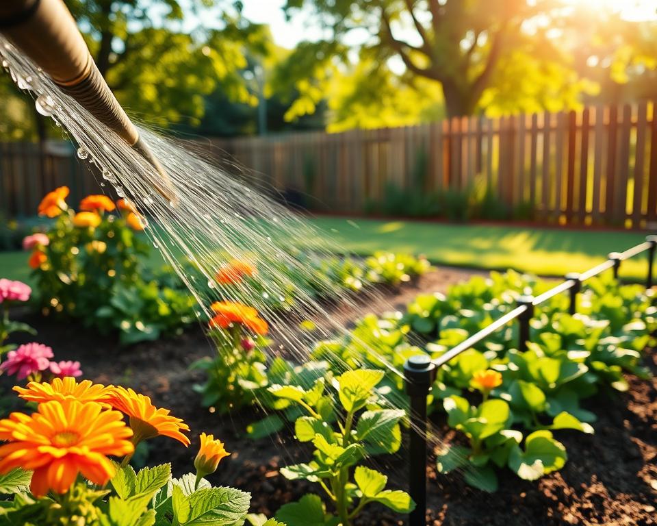 A serene garden scene showcasing an automated irrigation system in action. In the foreground, a close-up of watering hoses with droplets glistening under the warm sunlight, gently watering vibrant flowers and lush green plants. In the middle ground, a neatly arranged vegetable patch is being nourished, with sensors and irrigation tubes visible, illustrating the efficiency of the system. The background features a well-maintained lawn and a wooden fence, with dappled sunlight filtering through leafy trees, creating a peaceful atmosphere. The image captures the essence of sustainability and beauty in gardening, emphasizing a feeling of tranquility and modern convenience. Use natural lighting to enhance the colors and provide a bright, cheerful ambiance. A serene garden scene showcasing an automated irrigation system in action. In the foreground, a close-up of watering hoses with droplets glistening under the warm sunlight, gently watering vibrant flowers and lush green plants. In the middle ground, a neatly arranged vegetable patch is being nourished, with sensors and irrigation tubes visible, illustrating the efficiency of the system. The background features a well-maintained lawn and a wooden fence, with dappled sunlight filtering through leafy trees, creating a peaceful atmosphere. The image captures the essence of sustainability and beauty in gardening, emphasizing a feeling of tranquility and modern convenience. Use natural lighting to enhance the colors and provide a bright, cheerful ambiance.
