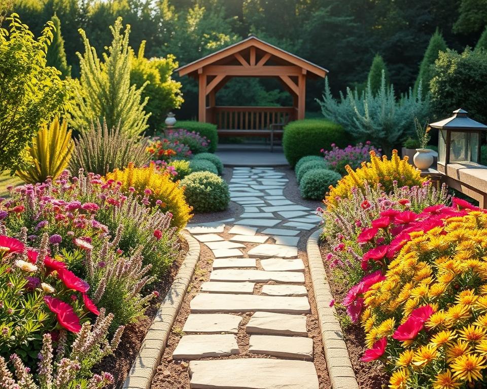 A serene, low-maintenance garden design captured in a bright afternoon setting. In the foreground, vibrant flower beds filled with hardy perennials and colorful, drought-resistant plants, creating a lively yet manageable landscape. In the middle, an inviting pathway made of natural stone leads through the garden, lined with small shrubs that require minimal care. In the background, a small wooden gazebo offers shade and a touch of rustic charm, surrounded by lush greenery. The lighting is warm and golden, emphasizing the texture of the plants and the stones. The angle is slightly elevated, providing an overview of the layout, while the mood is tranquil and inviting, embodying the essence of a beautiful yet easy-to-maintain garden. A serene, low-maintenance garden design captured in a bright afternoon setting. In the foreground, vibrant flower beds filled with hardy perennials and colorful, drought-resistant plants, creating a lively yet manageable landscape. In the middle, an inviting pathway made of natural stone leads through the garden, lined with small shrubs that require minimal care. In the background, a small wooden gazebo offers shade and a touch of rustic charm, surrounded by lush greenery. The lighting is warm and golden, emphasizing the texture of the plants and the stones. The angle is slightly elevated, providing an overview of the layout, while the mood is tranquil and inviting, embodying the essence of a beautiful yet easy-to-maintain garden.