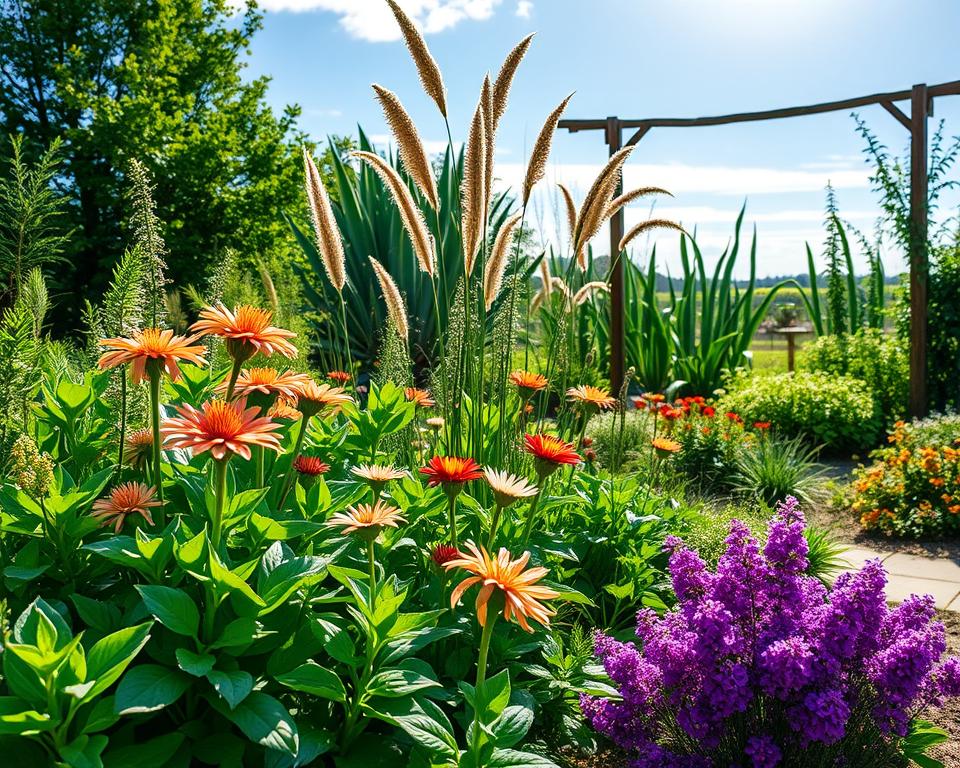 A vibrant garden scene featuring robust and resilient plants suitable for easy maintenance. In the foreground, showcase a variety of hardy perennials with lush green foliage, colorful blossoms, and textured leaves, highlighting their adaptability. The middle ground should include taller, sturdy plants like ornamental grasses and drought-resistant specimens, gently swaying in a light breeze. The background reveals a clear blue sky with soft, diffused sunlight filtering through, creating a warm, inviting atmosphere. Emphasize the natural habitat by adding rustic garden elements such as a wooden trellis or stone pathway, enhancing the overall soothing and serene mood of the garden layout. The image should evoke a sense of tranquility and the beauty of nature, suited for a home gardening setting. A vibrant garden scene featuring robust and resilient plants suitable for easy maintenance. In the foreground, showcase a variety of hardy perennials with lush green foliage, colorful blossoms, and textured leaves, highlighting their adaptability. The middle ground should include taller, sturdy plants like ornamental grasses and drought-resistant specimens, gently swaying in a light breeze. The background reveals a clear blue sky with soft, diffused sunlight filtering through, creating a warm, inviting atmosphere. Emphasize the natural habitat by adding rustic garden elements such as a wooden trellis or stone pathway, enhancing the overall soothing and serene mood of the garden layout. The image should evoke a sense of tranquility and the beauty of nature, suited for a home gardening setting.