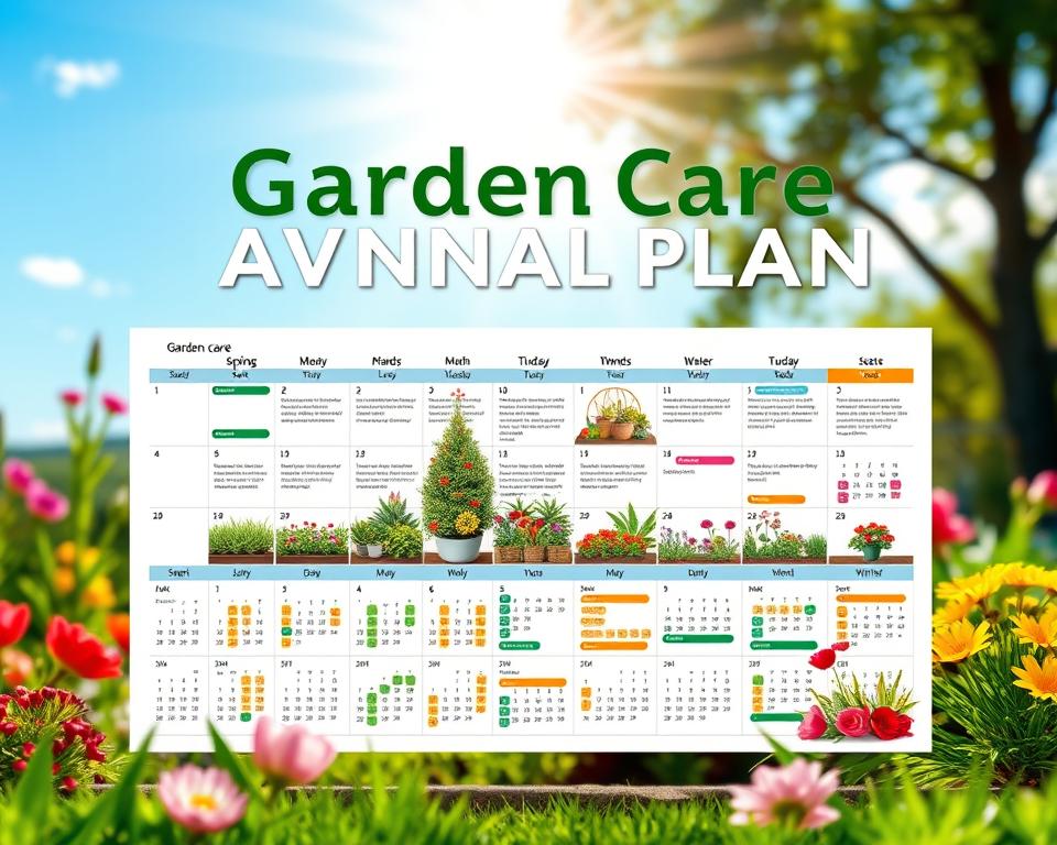 A visually striking garden care annual plan illustration, featuring a detailed seasonal calendar layout that highlights essential gardening tasks throughout the year. In the foreground, a well-organized planner with colorful icons representing various gardening activities such as planting, pruning, and watering. The middle layer includes lush garden imagery, showcasing a variety of plants in different seasonal states – blooming flowers in spring, vibrant greens in summer, autumn foliage, and a serene winter landscape. The background should be a soft-focus of a picturesque garden setting with a clear blue sky and sunlight casting warm rays over the scene. The atmosphere is calm and inviting, emphasizing ease of maintenance and organization. The overall tone should inspire a sense of tranquility and purpose, perfect for a minimal-care gardening approach. No text or branding included. A visually striking garden care annual plan illustration, featuring a detailed seasonal calendar layout that highlights essential gardening tasks throughout the year. In the foreground, a well-organized planner with colorful icons representing various gardening activities such as planting, pruning, and watering. The middle layer includes lush garden imagery, showcasing a variety of plants in different seasonal states – blooming flowers in spring, vibrant greens in summer, autumn foliage, and a serene winter landscape. The background should be a soft-focus of a picturesque garden setting with a clear blue sky and sunlight casting warm rays over the scene. The atmosphere is calm and inviting, emphasizing ease of maintenance and organization. The overall tone should inspire a sense of tranquility and purpose, perfect for a minimal-care gardening approach. No text or branding included.