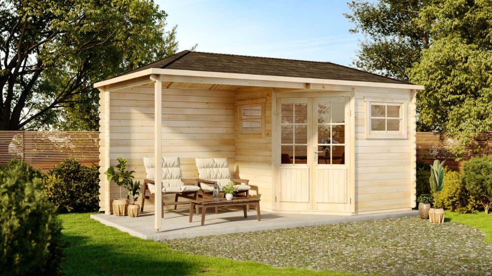 14% reduziert! 5-Eck Gartenhaus Franz mit Anbau 15m²