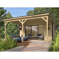 26 % Discount! Fjordholz Gartenhütten Modell Poel-4 mit Vordach 20m²